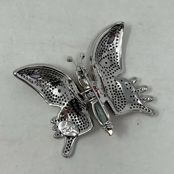 Butterfly Brooch Silver Tone Multicolored Rhinestone Gemstones - Picture 11 of 13
